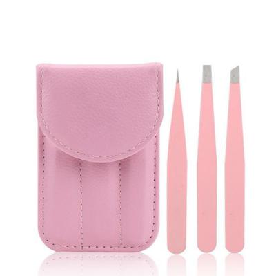 China Eyebrow Tweezers 3pcs Black Pink Tipped Eyebrow Eyelash Extension Sharp Tweezers Set With PU Bag for sale