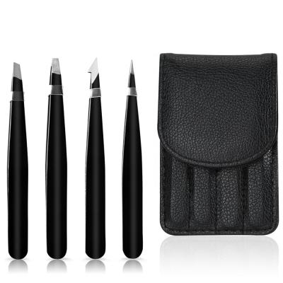 China Custom Black Eyebrow Tweezers Stainless Steel 4pcs Eyebrow Trimmer Eyelash Tweezers Set for sale