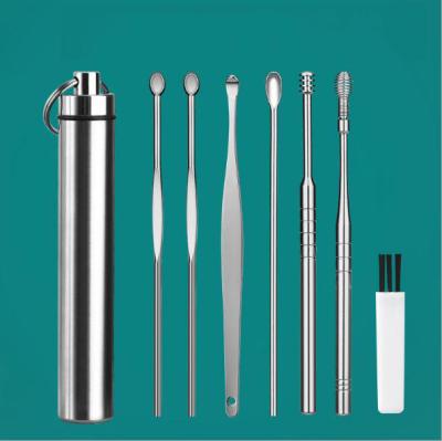 China Comfortable Silver 7pcs Ear Earpick Cleaning Tool Set Ear Pick Earwax Removal Set With Case for sale