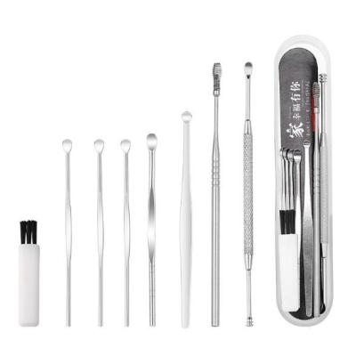 China Comfortable 8pcs Silver Earpick Set Ear Pick Ear Wax Removal Kit Ear Cleaning Tool With Case for sale