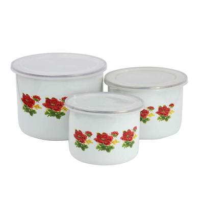 China High Sustainable Upright Design Enamel Storage Bowl Set With Plastic Lid for sale