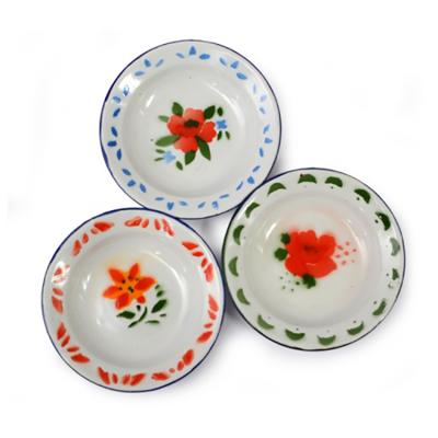 China Disposable Custom Decal Decoration Printed Enamel Metal Soup Dish With Flower Decal for sale