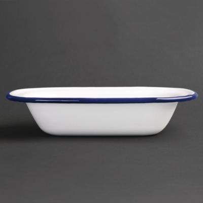 China 2020 disposable new custom printing white color enamel square terrine dish with blue rim for sale