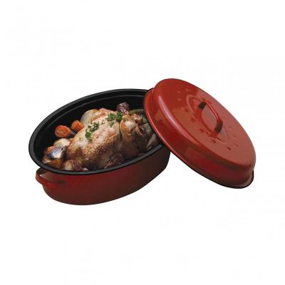 China Custom Kitchenware Viable Outdoor Camping Red Black Color Chicken Cooking Oval Enamel Turkey Baking Roaster for sale