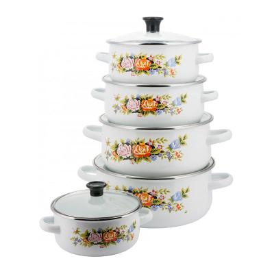 China Custom stocked 3pc 5pc white high gloss flower print kitchen cookware enamel casserole pot set for sale