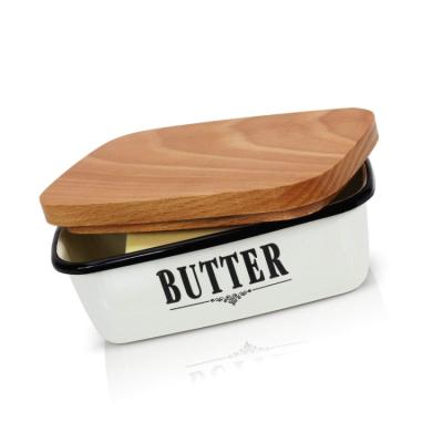 China 2020 Customs Sustainable Enamel Coating Rectangle Deep Container Butter Dish With Wooden Lid for sale