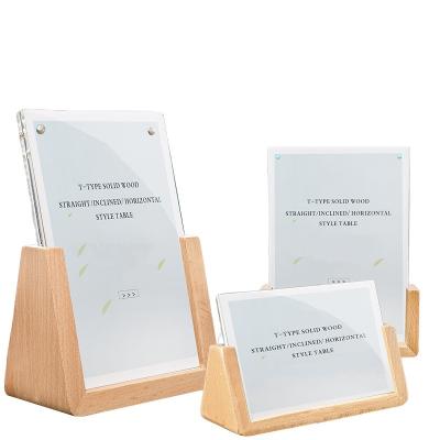 China Solid Wood Based Acrylic Sign Holder Menu Display Stand For Advertising Cards for sale