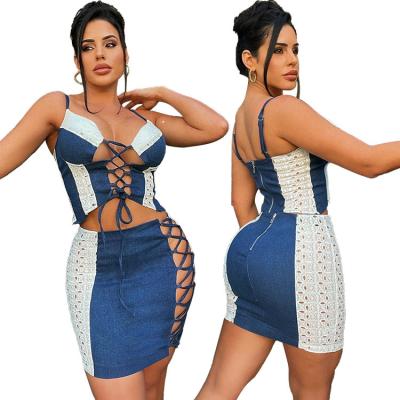 China 2022 Summer Spliced ​​Color QUICK DRY Women Outfits Two Piece Clothing Set Hollow Out Skirt Top Sets Sleeveless Denim Skirt Two Piece Set for sale