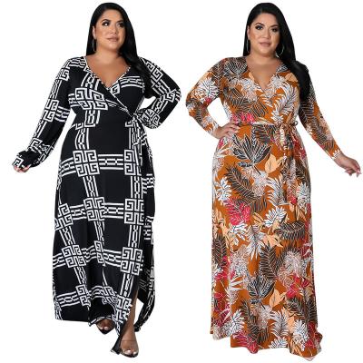 China Designer Printed Plus Size Anti-Static Dress For Women African Autumn Winter Long Sleeve Belted Plus Size African Dresses Women Clothing for sale