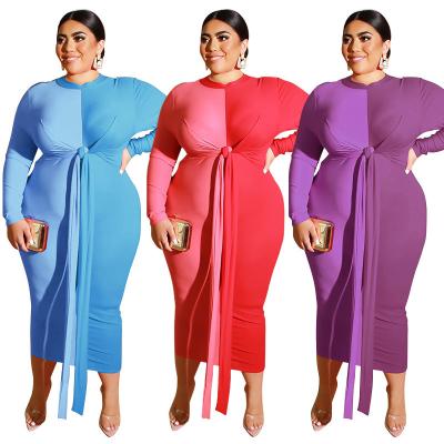 China Anti-Static Streetwear Women Contrast Color Patchwork Pencil O Neck Sleeve Up Slim Ankle Lace Up Long Plus Size Dress for sale