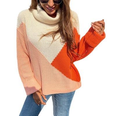 China winter fashion thick fleece warm Anti-wrinkle knit sweater women 100% cashmere contrast color patchwork knitted sweaters turtle neck sweater for sale