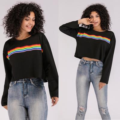 China Rainbow Anti-Shrink Stripe Long Sleeve Shirt 100% Cotton Pullover Hoodie No String O-Neck Black Hoodie Crop for sale