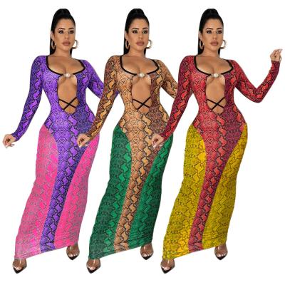 China 2021 autumn ladies string anti-static sexy cut dress for women snakeskin long dress women bodycon print maxi dress casual snakeskin print for sale