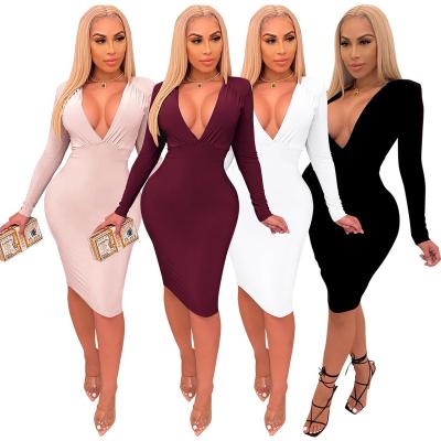 China Dropship Anti-Static 021 Sexy Spring Summer Knee Length Long Sleeve Clubwear Solid Color V Neck Ruffle Club Bodycon Dress Women Long for sale