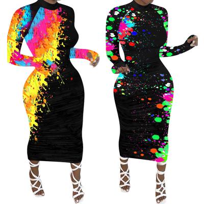 China Size 4xl Anti-Static Loose Clubwear Fashionable Westerner Sexy Women Bodycon Dresses Midi Graffiti Print Winter Long Bodycon Dress Long Sleeve for sale