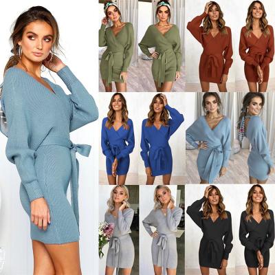 China 6 Colors Anti-Static Sexy Deep V-Neck Bodycon Bandage Clud Dress Wear 2019 Autumn Winter Long Sleeve Women's Pure Color Sweater Dress for sale