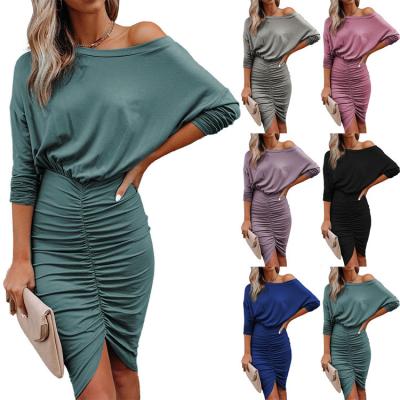 China Autumn Chic Anti-Static O-Neck Spring Solid Bodycon Cotton Women Dress Lady Office Wear Long Sleeve Ruched Dress for sale