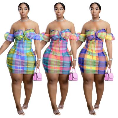 China Anti-Static Spring Summer Colorful Plaid Printed Mesh Dress Bodycon Off Shoulder Plus Size Elegant Dress Clothes Woman Dresses for sale