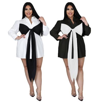 China 2022 Summer Anti-Static Casual Dresses Plus Size Women Clothing 5xl Shirt Fashion Dress With Bow Fat Lady Plus Size Women Shirt Dress for sale