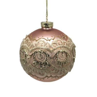 China Christmas Festival Party Home Decoration 2021 New Glass Bauble Christmas Ornaments Hanging Matte Pink Ball With Lace For Navidad Natale Decoration for sale