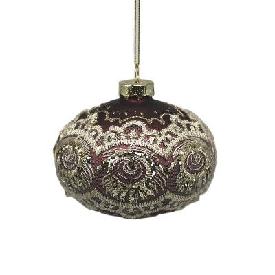 China 2021 Wholesale Red Christmas Festival Party Home Decoration Factory Christmas Ornament Bauble Glass Ball With Lace For Christmas Tree Hanging Decoration for sale