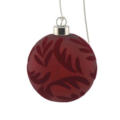 China 2022 Christmas Festival Home Decoration New Product Christmas Tree Decoration Bauble Pattern Glass Ball Sphere Red Flocking Ornament With Battery Operate Led Light for sale