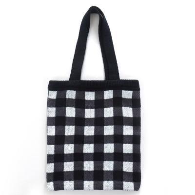 China Pretty Casual Simple Black And White Wool All-match Large Capacity Grid Knitted Shoulder Bag for sale