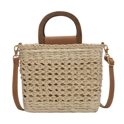 China High Quality Factory Bali Bucket Tote Rattan Shoulder Bag Wooden Portable Handle Straw Paper Rope Handbag for sale