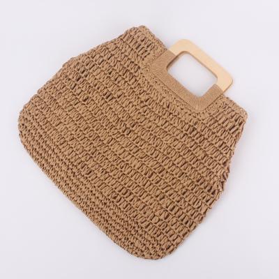 China High Quality Straw Beach Tote Bags Handbags Large Capacity Wooden Square Handle Woven Shopping Bag For Women for sale