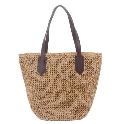 China High Quality Straw Bags Tote Bag Summer Beach Hollow-out Large Capacity Handbag With PU Leather Handle For Women for sale