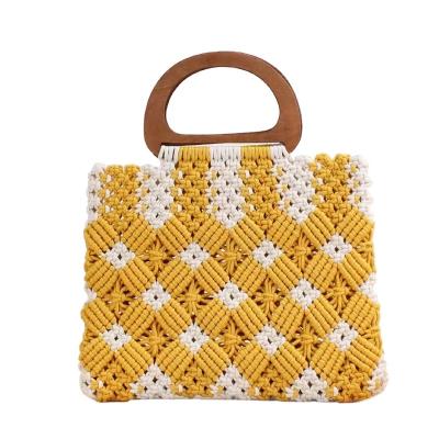 China High Quality Handle Straw Lace Leisure Shopping Bag Cotton Wooden Plaid Hand Held Handbag Rope Woven Bag for sale