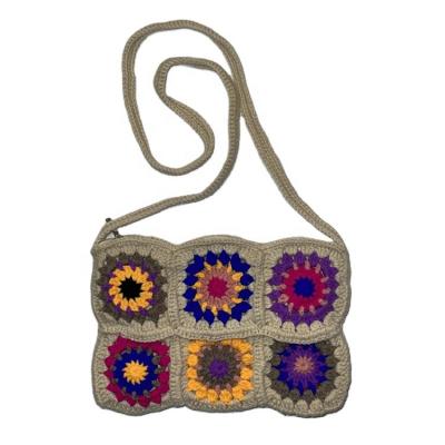 China New Fashion Portable Custom Bohemian Factory Square Pattern Colorful Knitted Patchwork Flowers Adjust Crochet Bag for sale