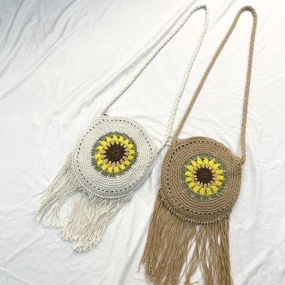 China PORTABLE Factory Custom New Bohemian Crochet Colorful Fine Cotton Rope Knitted Around Fringed Shoulder Bag for sale