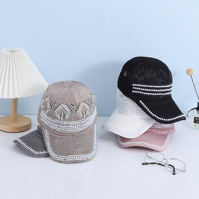 China 2022 Fashion Women New Style Rhinestone Pearl Polyester Knitted Baseball Cap for sale