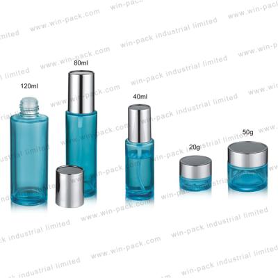 China Printing Blue Glass Lotion Pump Bottle Toner Cosmetics Packaging For Personal Care 100ml 120ml for sale