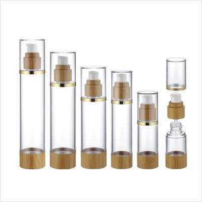 China Personal Care/Refillable Pump Bottle Travel Size Cosmetic Bamboo Clear Airless Cosmetic Cream Dispenser for sale