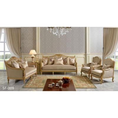 China Russia classic comfortable style sofa fabric classic sofa with gold leaves (stock available) for sale