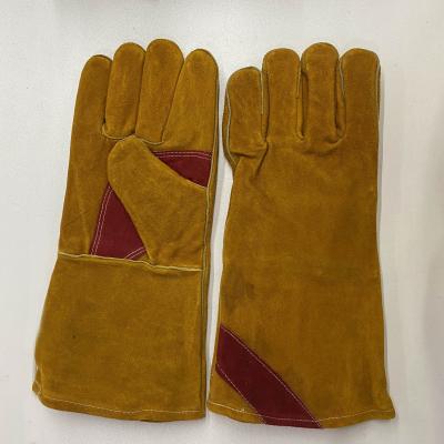 China Long Cuff Heat Resistant Cow Split Leather Construction Repairing Welding Gloves Heat Resistant Gloves for sale