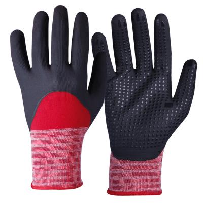 China 15G Waterproof Shell Nitrile Coated Gloves Knitted Nylon Red with Dots Palm for sale