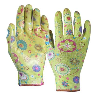 China Waterproof Flower Printed Nitrile Dipped Polyester Household Landscape Garden Waterproof Gloves for sale