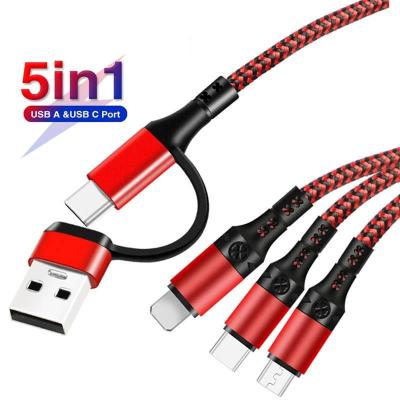 China Quick Charging Speed ​​5 in 1 Phone USB Cable for iPhone 12 11 pro 3 in 1 Charging Cable Type C to USB C to Power on Micro USB Line for sale