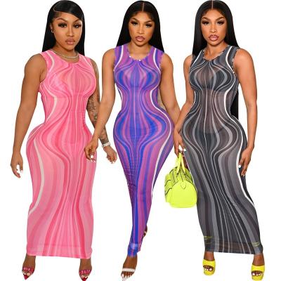 China Hot Sale Breathable Mesh See Through Damaskeen Pattern Maxi Dress Women Casual Sleeveless Dresses for sale