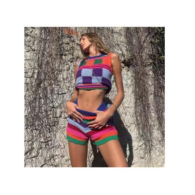 China QUICK DRY Women's Sets Knitted Color Blocking Crop Tops+shorts Sets Summer 2 Piece Set Women for sale