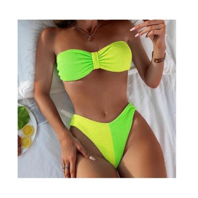 China Famous Plus Size Brands Textured Bikini Custom Logo Swimwear Women Crinkle Rib Bandeau Stretch Bikini Fabric for sale