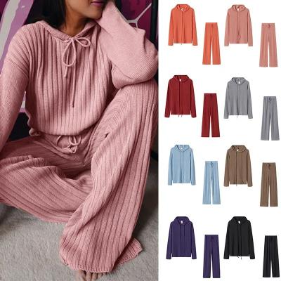 China 2022 Autumn Breathable Fashion Solid Loose Casual Long Sleeve Plus Size Hoodie Knit Sweater Outfits Women Loungewear Two Pieces Sweater Sets for sale