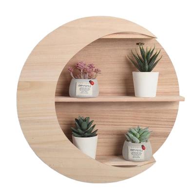 China European Nordic Round Wooden Wall Mounted Simple Moon Shaped Frame Art Hanging Flower Pot Storage Shelf for sale