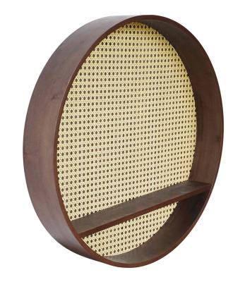 China Wooden round rattan wall shelf with one shelf and round rattan wall racked for jewelry wall hanging for sale