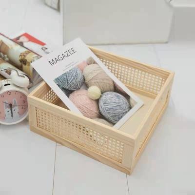 China Viable natural pine wood color rattan rattan storage box for space organizer for sale