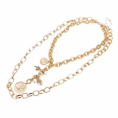 China New Design Women CLASSIC Thick Chain Jewelry Gold Stainless Steel Plating Gold Coin Shell Pendant Necklace Long Sweater Chain for sale