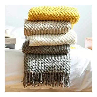 China Anti-static knitted wool throw blanket for beds with hunky tassel knit blankets for home decoration for sale